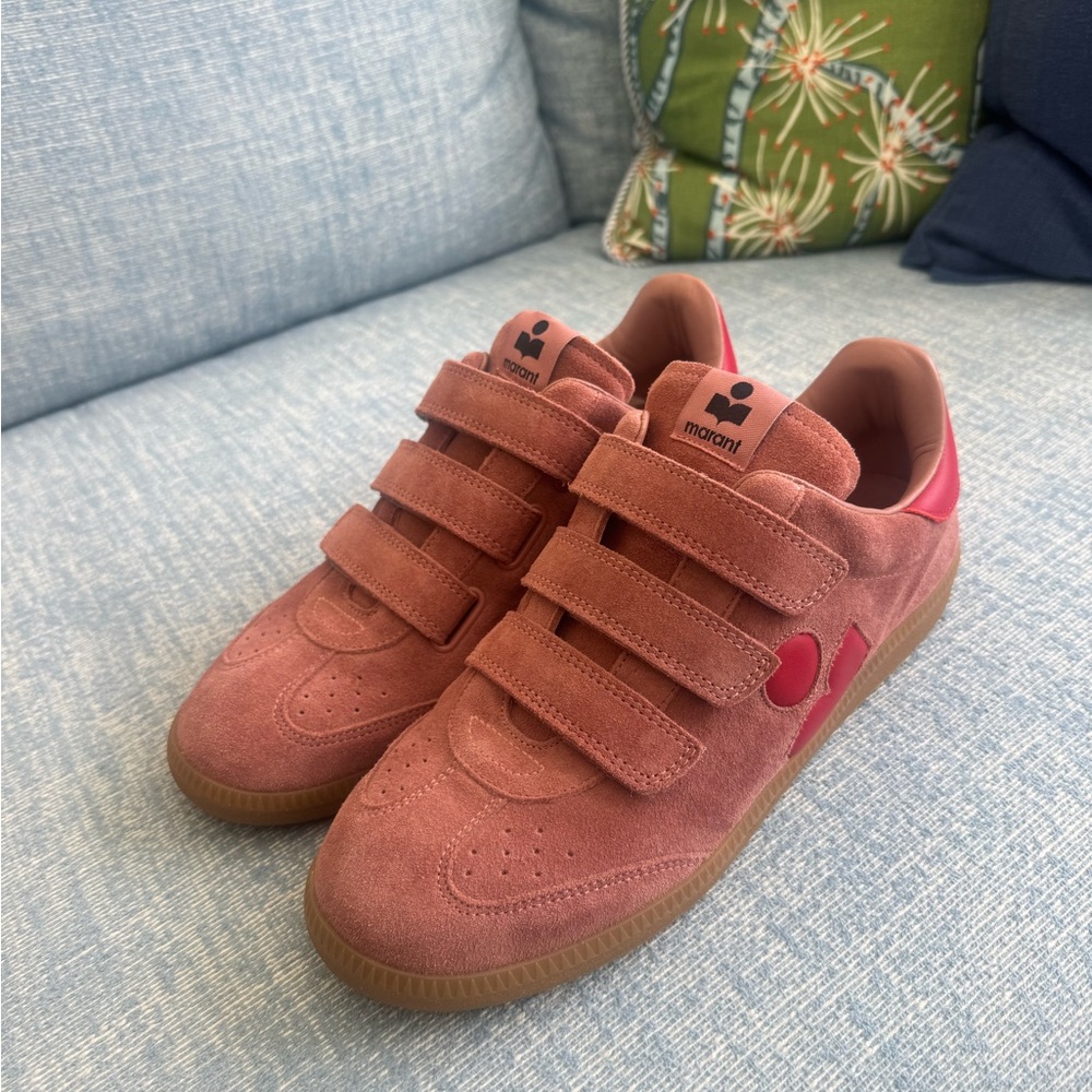 Worn ONCE like new Isabel Marant Pink Suede Velcro Sneakers with Red Accent - Picture 4 of 7